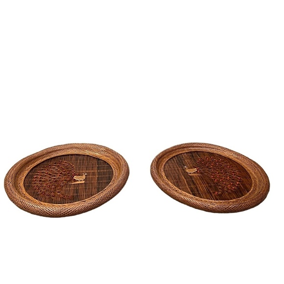 SET OF TWO Vintage 1970s Wicker Peacock Wall Hanging Boho Rattan Woven Art - Picture 11 of 13